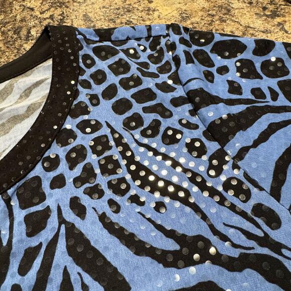 Susan Graver Top Animal Sequin Glam Statement Bold Zebra Mixed Blue Black XL - Picture 5 of 9